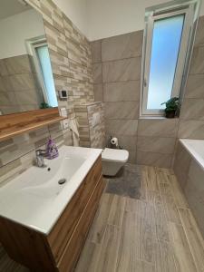 a bathroom with a sink and a toilet and a mirror at KutyaGazdi Apartman in Balatonfenyves +9 photos