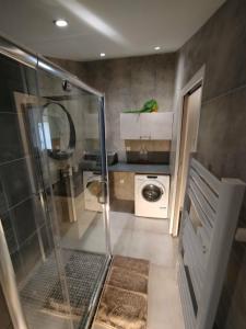 a bathroom with a shower and a washing machine at Appartement dans la campagne in Le Beausset