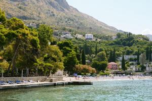 a beach with a pier and people on the beach at Bottega in Mlini