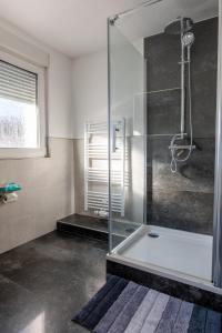 a bathroom with a glass shower with a tub at Ferienwohnung am Buttermarkt in Adenau