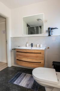 a bathroom with a sink and a toilet and a mirror at Ferienwohnung am Buttermarkt in Adenau