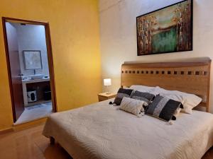 a bedroom with a bed with pillows and a mirror at Santuario del Sol in Mérida