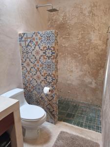 a bathroom with a toilet and a shower with tiles at Santuario del Sol in Mérida