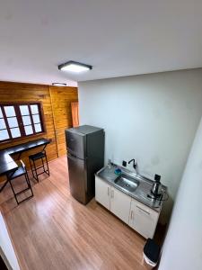 a kitchen with a refrigerator and a sink in a room at Pousada Barcelos Florianópolis in Florianópolis +24 photos