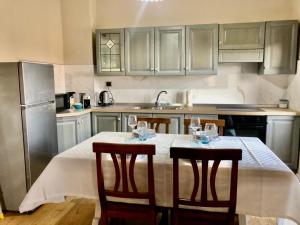 eine Küche mit Tisch, Stühlen und Kühlschrank in der Unterkunft Da Magy in Arborea 