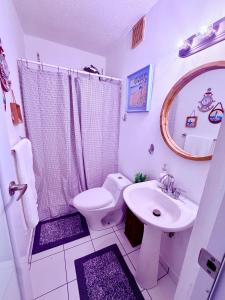 a bathroom with a white toilet and a sink at Escape Caribeño in Levittown +13 photos