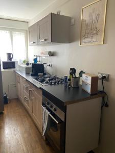 a kitchen with a counter with a stove top oven at Maison Basse in Malestroit