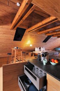 a kitchen with a stove top oven in a room at Himmelschlüssel Apartments in Mitterbach +26 photos