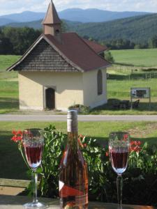a bottle of wine sitting on a table with two glasses at Ferienwohnung Arber in Dösingerried +4 photos