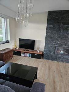 a living room with a fireplace and a tv at Harmonia in Radochów