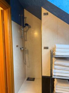 ein Badezimmer mit Dusche und Handtüchern in der Unterkunft Villa Barte nähe Outlet Parndorf in Pachfurth