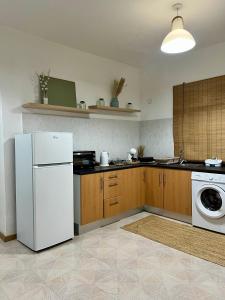 a kitchen with a white refrigerator and a washing machine at Meu Quintal 4, Calheta-Madeira in Calheta