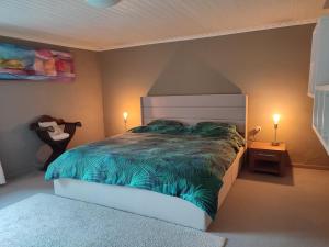 a bedroom with a bed with a green comforter at The Ardennes Apartment in Houschthauser +29 photos