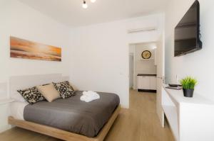 a bedroom with a bed and a flat screen tv at Apartamentos Turísticos Penadés in Tomelloso