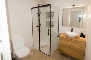 a bathroom with a shower and a toilet and a sink at Apartamentos Turísticos Penadés in Tomelloso