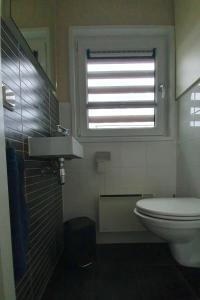 a bathroom with a toilet and a sink and a window at Floatinghouse Heaven on Earth in Klitten
