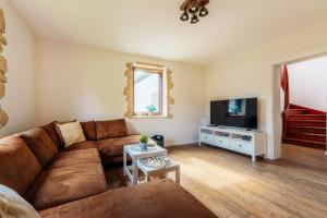 a living room with a brown couch and a tv at Waldnest Braunlage in Braunlage