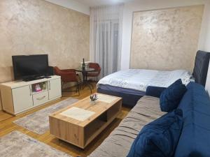 a living room with a blue couch and a tv at Apartman Selma - Bijelo Polje in Bijelo Polje