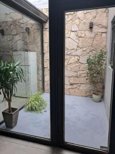 a sliding glass door with two potted plants outside at Residencial 43 in La Plata