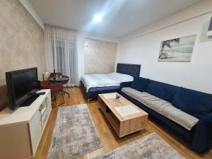 a living room with a blue couch and a tv at Apartman Selma - Bijelo Polje in Bijelo Polje +3 photos