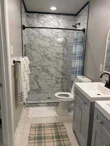 a bathroom with a shower and a toilet and a sink at Woodrow St in Arlington