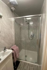 a shower with a glass door in a bathroom at Derryvree House in Maguires Bridge