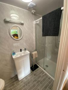 a bathroom with a sink and a shower at Derryvree House in Maguires Bridge