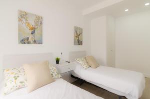 two beds in a room with white walls at Apartamentos Turísticos Penadés in Tomelloso