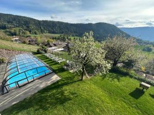 an overhead view of a house with a swimming pool at Alpenrose in Meltina