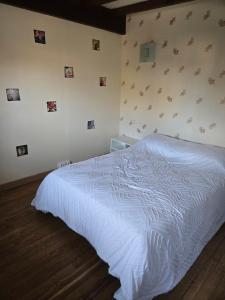 a bedroom with a white bed and a wall with pictures at La P'tite Chaumiere in Domaize