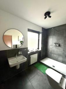 a bathroom with a sink toilet and a mirror at Renovierte Doppelhaushälfte in bester Lage in Bottrop +17 photos