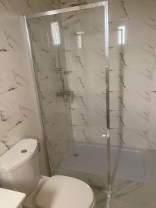 a white bathroom with a toilet and a shower at Apparthotel Le SALY Beach yenne in Toubab Dialaw