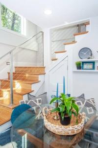 a dining room with a glass table with plants at Cozy Duplex Near T in Boston