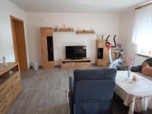 a living room with a blue chair and a television at Ferienwohnung Alte Post in Knorrendorf