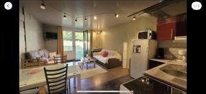 a kitchen and living room with a refrigerator and a table at Studio cosy in Boutx