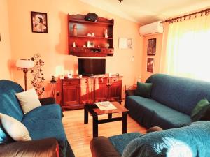a living room with two blue couches and a tv at Sunshine Apartment in Dobrota