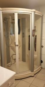 a shower with a glass door in a bathroom at Billet Junior in Fredrikstad +17 photos
