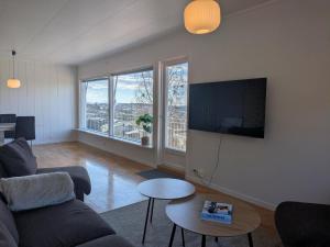 ein Wohnzimmer mit Sofa und Flachbildfernseher in der Unterkunft Aurora Fjord View Escape Narvik garden sleeps 10 in Narvik
