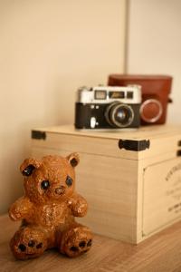 a brown teddy bear sitting on a table with a camera at Vintage Apartman Gyula in Gyula