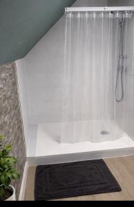 a bath tub with a shower with a shower curtain at Studio Central Confortable-Entièrement Équipé in Villeneuve-Saint-Georges