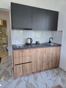 a kitchen with wooden cabinets and a sink at Brita Apartman in Utjeha