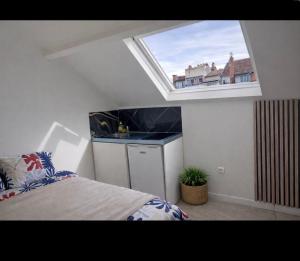 a bedroom with a skylight and a bed in a room at Studio Central Confortable-Entièrement Équipé in Villeneuve-Saint-Georges