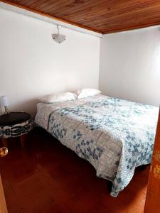 a bedroom with a bed with a blue comforter at Departamento Lido Central in El Cerrillo