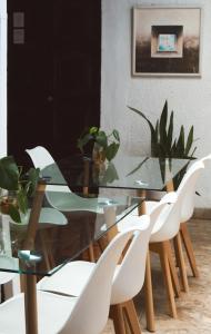 a glass dining room table with white chairs and plants at La Casa de Mamapán Hotel Colonial Ahuachapan in Ahuachapán