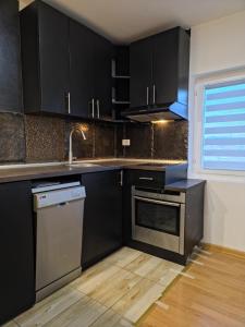 a kitchen with black cabinets and a sink and a dishwasher at Sense Loft in Leskovac +8 photos