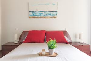 a bed with two red pillows and a potted plant at Apartamento en Bádames in Bádames