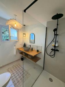 a bathroom with a sink and a glass shower at Caseddu Corse - Maison Typique in Cauro