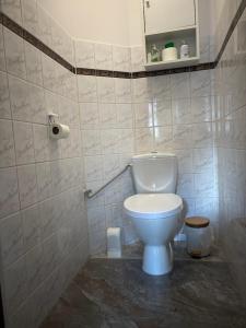 a bathroom with a white toilet in a room at Pod Daglezją in Łagów +3 photos