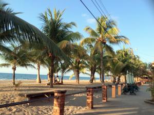 a beach with palm trees and a row of benches at H Boutique Blessed in Tela