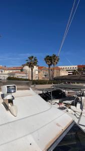 a boat is docked in a marina with palm trees at IPANEMA - JOLI BATEAU à QUAI in Sète